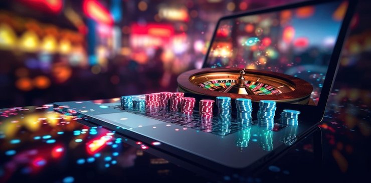Layar permainan slot dengan animasi warna-warni dan fitur putaran gratis